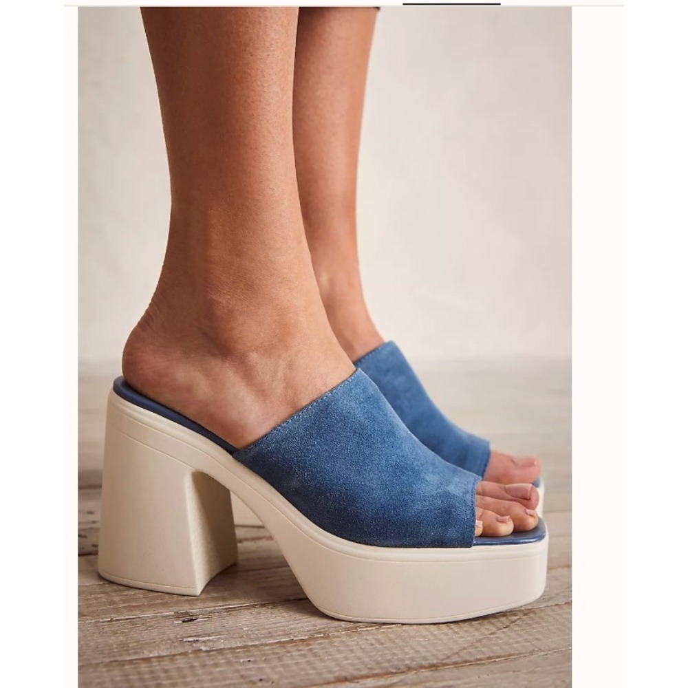 Free People Zoe Platform Sandals 39 Blue Suede Chunky Block Heel Square Toe Mule